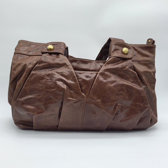 Vintage style brown leather pleated, top zipper closure large strap tote handbag - Picture 2 of 15